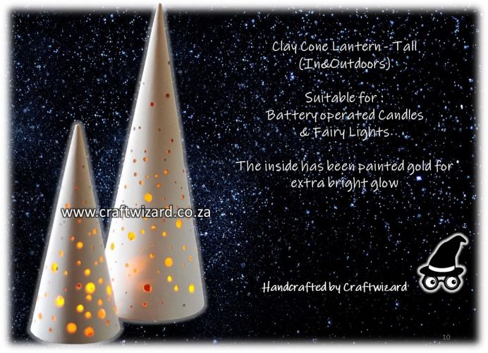 Customizable air-dry clay tall cone trees with star cutouts, <br>
Advent and Christmas decor.
